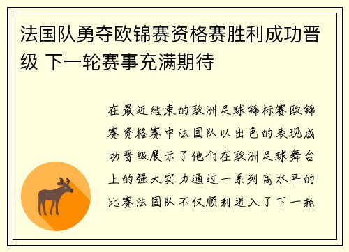 法国队勇夺欧锦赛资格赛胜利成功晋级 下一轮赛事充满期待