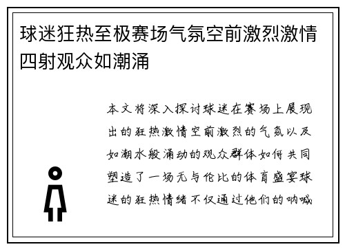 球迷狂热至极赛场气氛空前激烈激情四射观众如潮涌 球迷狂热至极赛场气氛空前激烈激情四射观众如潮涌